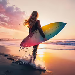 a beautiful woman walking on a beach holding a surfboard