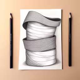 a drawing of stacks of ribbons by two black pencils,a drawing of several white things with black pens