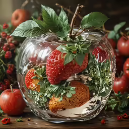 a clear glass vase filled with fruit and vegetables