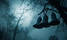 three bells hanging off of a tree in the dark
