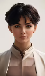 a young woman wearing an elegant blouse poses for a portrait