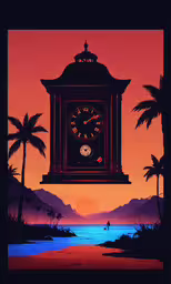 a clock in the air above a beach at sunset,an image of a clock at night with some palm trees