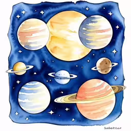 some planets and stars with blue sky,the solar system with its satellites and planets