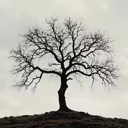 a tree is standing on a dirt hill