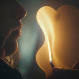 a man looks at a candle inside the form of a heart