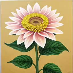 a painting of a large sunflower on a brown background,a painting of a sunflower with green leaves