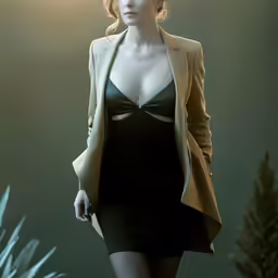 the beautiful redhead woman in a black dress is walking