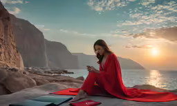 the girl is sitting by the beach playing with her cell phone