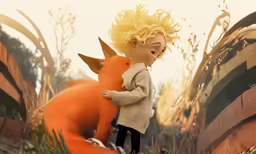 a small boy with blonde hair holding a big orange animal