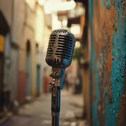 a microphone sitting on a sidewalk near a wall