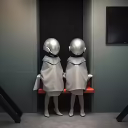 two robot figures dressed in white sitting on a bench