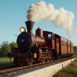 a steam locomotive with several carts traveling down the tracks
