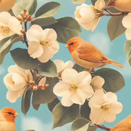 a painting of a bird in a tree branch with flowers