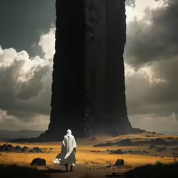 a man standing on a lush green field in front of a tall rock