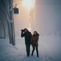a man and woman are holding their camera while in the snow