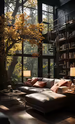 large open living room with view into woods from a high height window