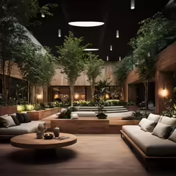 an indoor room with several furniture, with tree planting