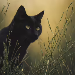 black cat with yellow eyes stands in tall grass
