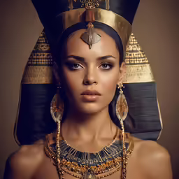 a model with large gold jewelry wearing an egyptian head piece