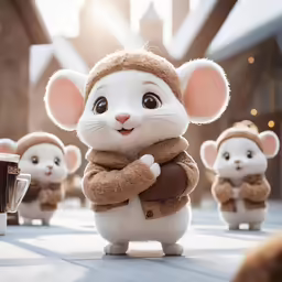 some stuffed animals are standing on a city street
