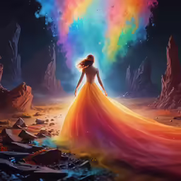 a young woman in a dress on a rocky landscape