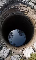 a large concrete drain hole with the sky reflected in it