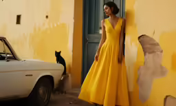 a woman is standing by a wall with her hand on the side of a car