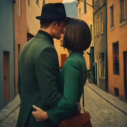 a couple in a green suit kissing on a street