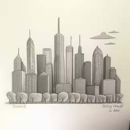 a drawing that is of buildings and sheep,a drawing of some sort of city in pencil