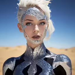 a model is wearing silver skin and looks like a woman with silver hair