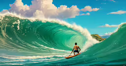an artist is in the ocean and riding his surfboard on a wave,a man riding on top of a surfboard in the ocean