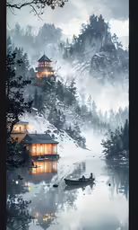 an asian painting featuring a boat in the snow