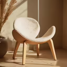 a close up of an open shell chair near some plants