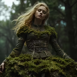 a girl with a fur collar and green dress in the forest