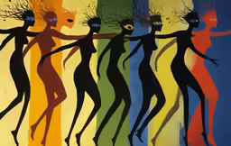 a painting of a group of women, in various colors