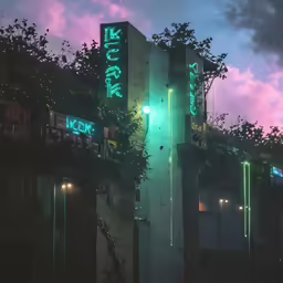 a building with neon lights and some green signs