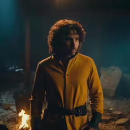 a person standing in a dark room with fire