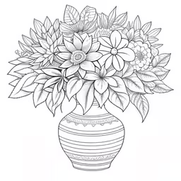 a flower vase with flowers inside it and leaves on the top,a vase with flowers in it is drawn by hand
