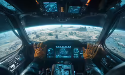the view from inside a space station looking out over a polar bear field