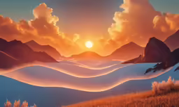 an artistic scene with mountains and clouds