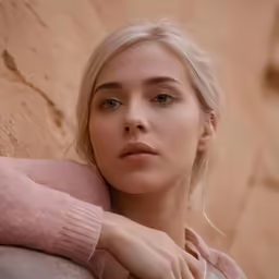 a woman with blonde hair wearing a pink top