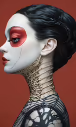 an illustration of a skeleton woman with red makeup and dark hair