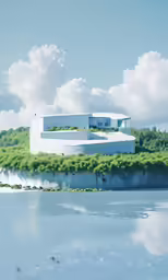 a very white building with trees and clouds in the background