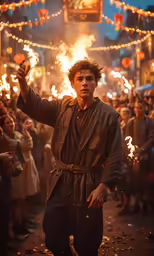 the man with a golden robe stands in front of a crowd of people