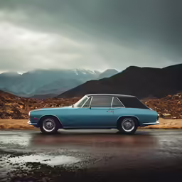 a blue car is parked on the pavement in the middle of mountains