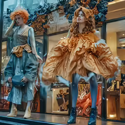 mannequins in fashion store windows with snow falling