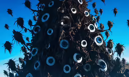 this is an artisticly decorated tree with lots of evil eyes