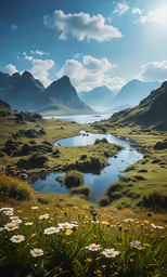 a grassy field with wildflowers and lake in background