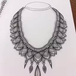 the drawing of a necklace has long spikes on it,the drawing shows an intricate necklace with feather detail