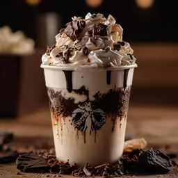 the dessert in this coffee is topped with whipped cream and chocolate
